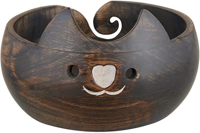 Eximious India Gifts for Women Cat Yarn Bowl Knitting Bowl Large Crochet Yarn Holder YB2203 Handmade Crocheting Accessories and Supplies Organizer 7 x 3 Wooden White Elephant Gifts - Image 1